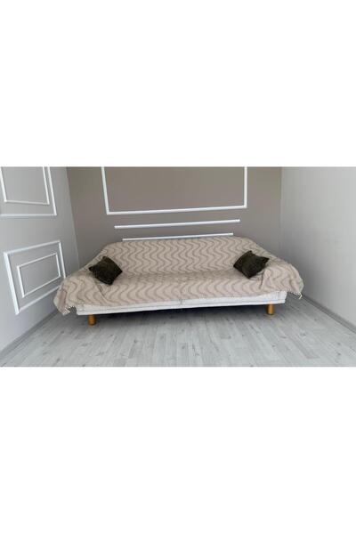 DİLETTO Large Size Wavy Pompom Sofa Cover Cotton |   Armchair Shawl 180 X 280 cm Mink
