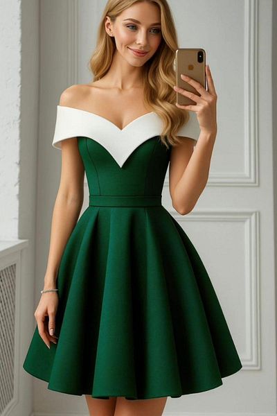 Mossta Off-Shoulder V-Neck Flared Crepe Dress - Green