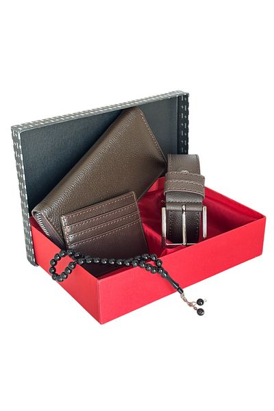 Tisaati Premium Series Luxury Leather Vertical Zipper Phone Compartment Wallet Belt Card Holder and Prayer Beads Men's Set