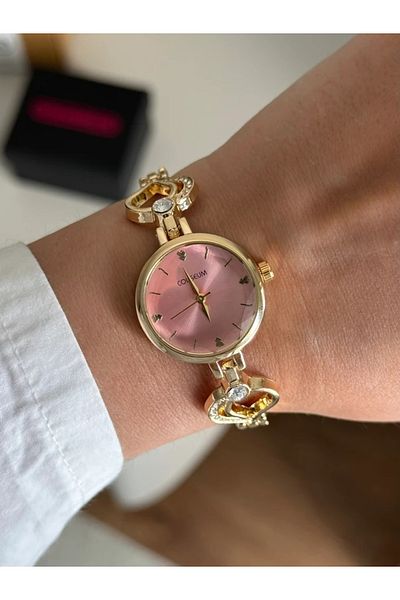 RoseandRoses Loven Special Design Dial Vintage Heart Detail Women's Wristwatch Gold (Pink Dial)