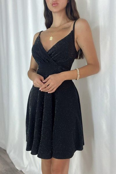 Mossta Double Breasted Collar Glitter Flared Dress - Black