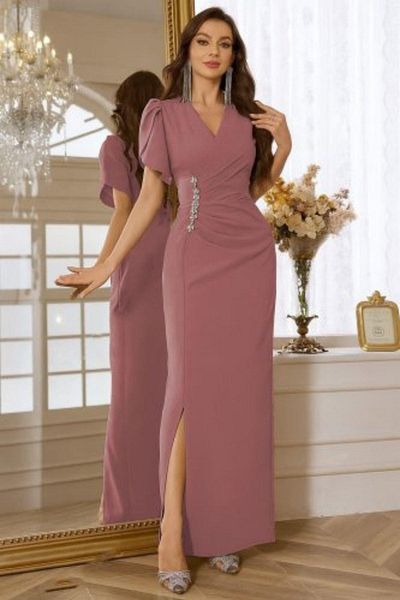 Mossta Sim Stone Detailed Slit Double Breasted Collar Evening Dress - Pink