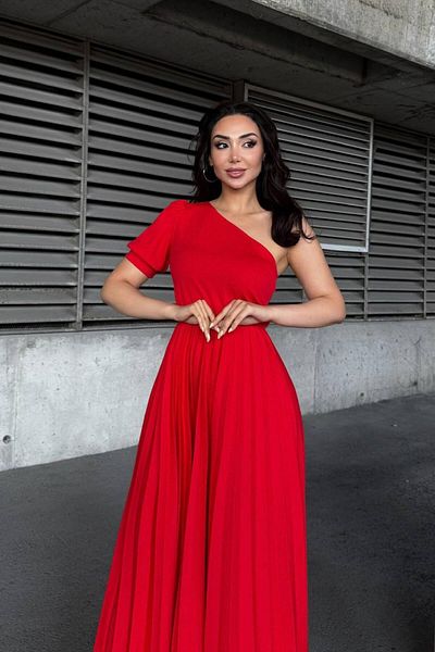Mossta One Shoulder Pleated Long Evening Dress - Red