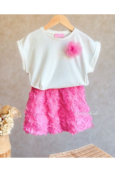 Pinkitokids 3D Rose Detailed T-Shirt and Balloon Skirt Set