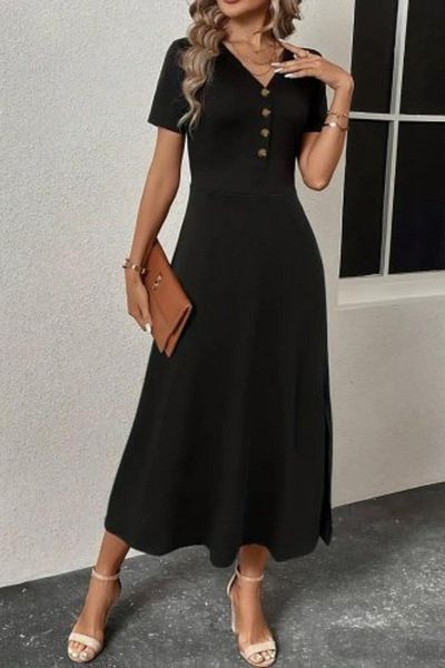 Mossta Button Detailed V-Neck Short Sleeve Midi Dress - Black