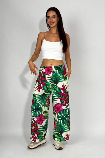 Betimoda Women's Woven Viscose Patterned Loose Cut Oversize Palazzo Trousers Green