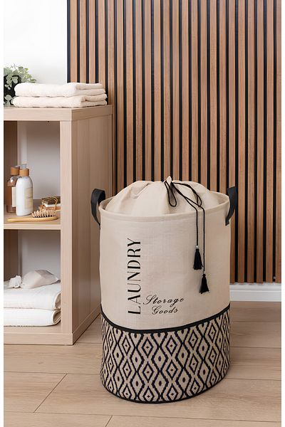ALAS Beige Fabric Drawstring Folding Dirty Laundry Basket - Children's Toy Organizer Multi-Purpose 35X35X50Cm