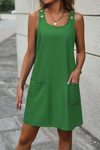 Mossta Linen Dress with Pockets and Button Detail and Shoulder Strap - Green