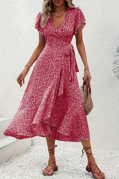 Mossta Ruffle Detailed Double Breasted Collar Patterned Single Jersey Dress - Pink