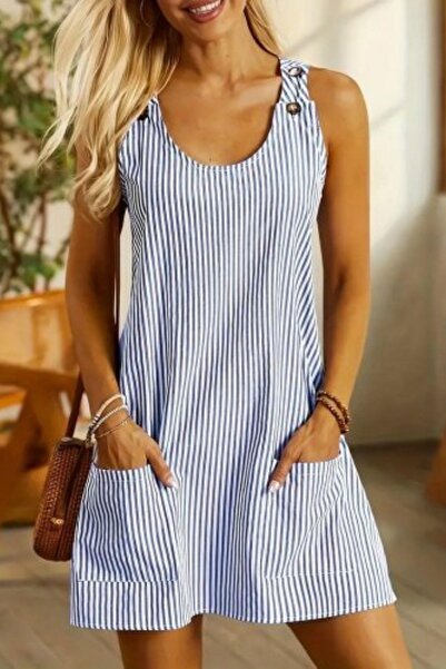 Mossta Φόρεμα ποπλίνα με ριγέ τιράντες και κουμπιά στους ώμους - Λευκό