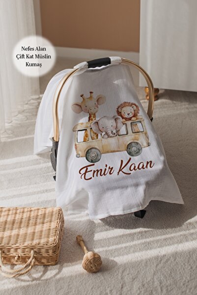 Astral Baby %100 Pamuk İsme Özel Çift Katlı Müslin Puset Örtüsü-Zürafa Ve Ark...