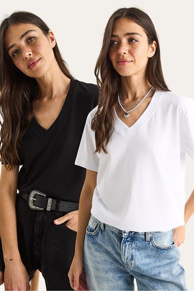 Bianco Lucci Women's 100% Organic Cotton Deep V-Neck Comfort Fit Double T-Shirt 60602075