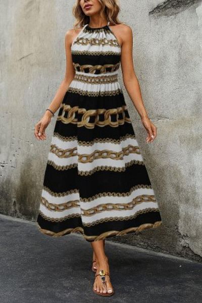 Mossta Halter Neckline Elastic Waist Digital Print Single Jersey Dress - Chain
