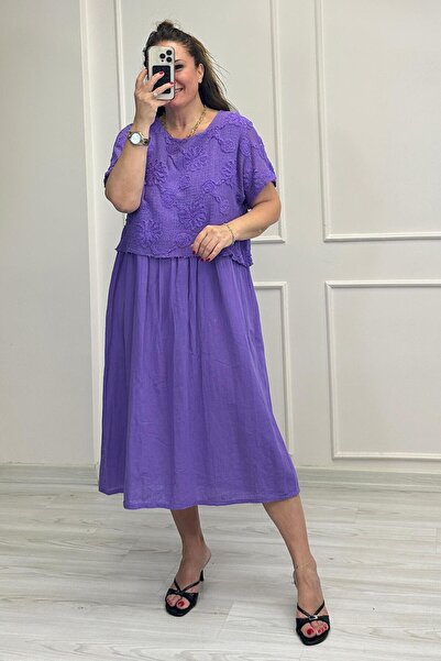 Mine Sabuncuoğlu Elise Motifli Elbise Mor