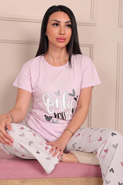 Niket Life Kadın Only You Sloganlı Kısa Kol Penye Pijama Takımı Pudra