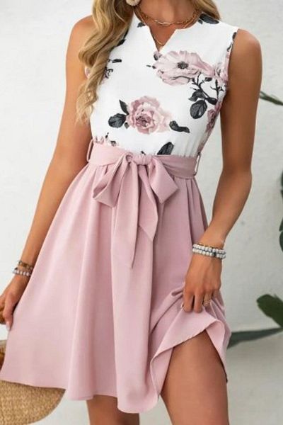 Mossta V-Neck Floral Printed Belted Mermaid Dress - Pink