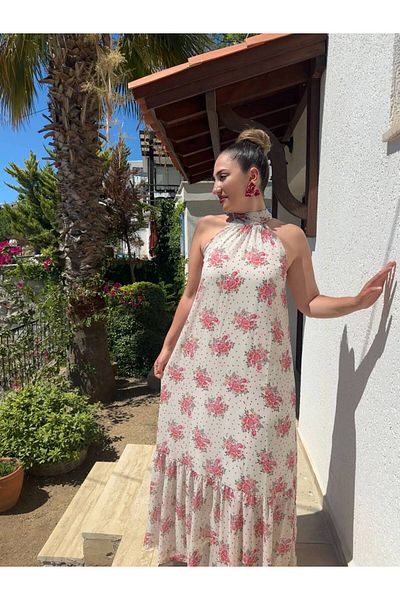 BRGCLOTHING Rochie lungă cu gât cu șifon importată