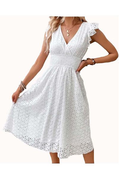 SOLOBUY Women's Summer Cotton Dress, White, V-Neck, Short Flutter Sleeves, Knee Length, Stretchable Waistban