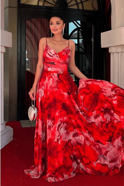 giyimmasalı Chiffon Patterned Strap Evening Dress - Red