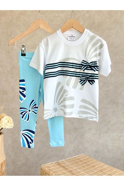 Pinkitokids Blue Ribbon Girl's T-Shirt and Leggings Set