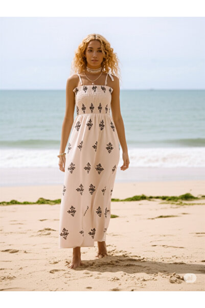 ÇELEBİ STYLE İp Askılı Uzun Yazlık Elbise Göğüs Kısmı Gipeli Pamuk Keten Raha...