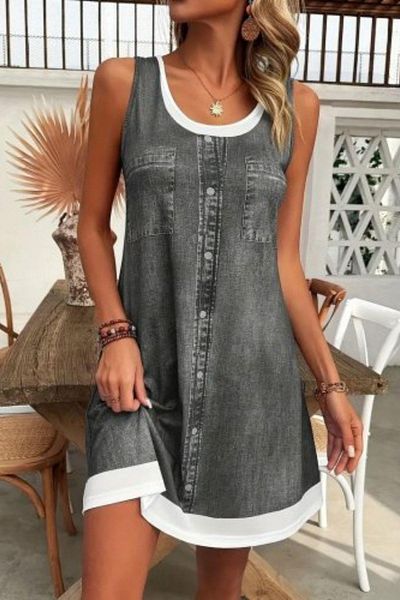 Mossta Sleeveless Denim Look Mini Single Jersey Dress - Gray