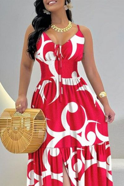 Mossta Patterned Single Jersey Dress with Rope Strap Tie Detail - Pink