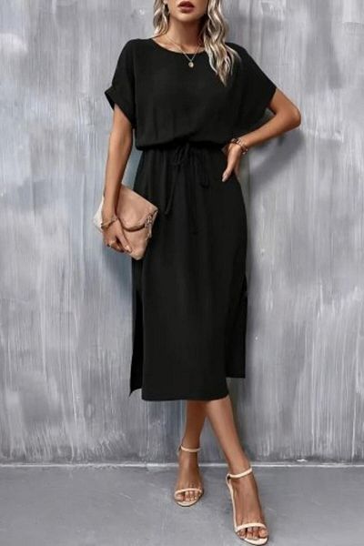 Mossta Short Sleeve Waist Tie Slit Viscose Dress - Black