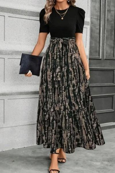 Mossta Crew Neck Pattern Transitional Half Sleeve Maxi Dress - Black