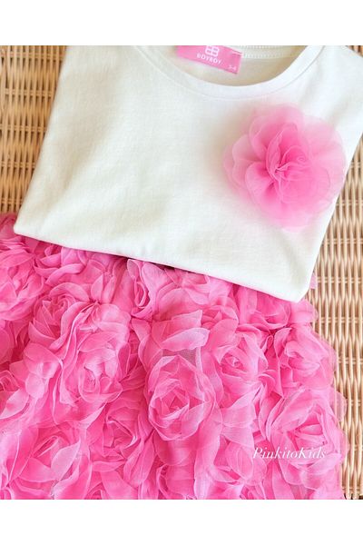 Pinkitokids 3D Rose Detailed T-Shirt and Balloon Skirt Set