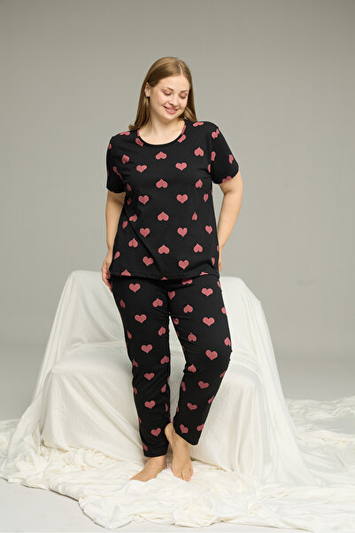 Siyah İnci negru roz cu model de inimă Plus Size Battal Set de pijamale tricotate cu mâneci scurte 7614