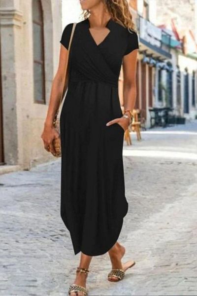 Mossta Judge Collar Pocket Casual Maxi Viscose Dress - Black