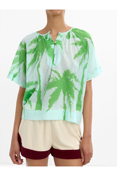 PARFOIS Palmiye Desenli %100 Pamuk Bluz