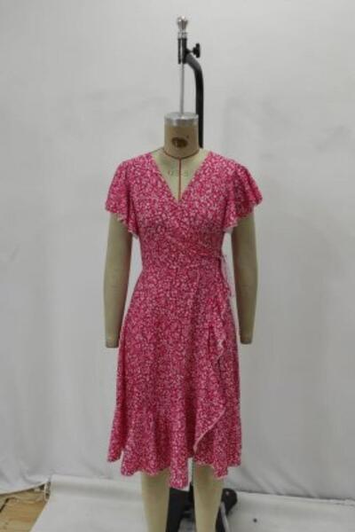 Mossta Φόρεμα μονόχρωμο με λεπτομέρεια με βολάν και διπλό λαιμόκοψη - Ροζ