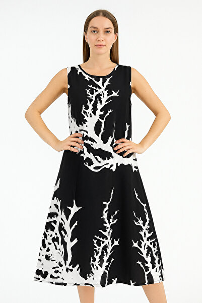 SheLoria Women's Black White Branched Pattern Sleeveless Viscose Mini Dress