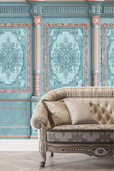 dreamwall Vintage Mavi ve Bronz Çerçeve Sütun Desenli Duvar Kağıdı