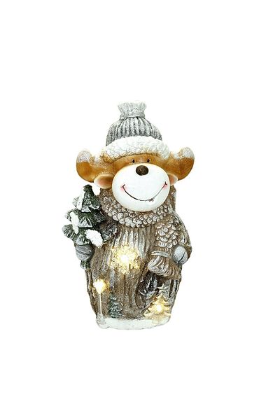 Chomik Christmas Decoration, Ceramic, Reindeer With Tree, Led, Grey And White, 3xaaa, 24.5x18x41.5 Cm,
