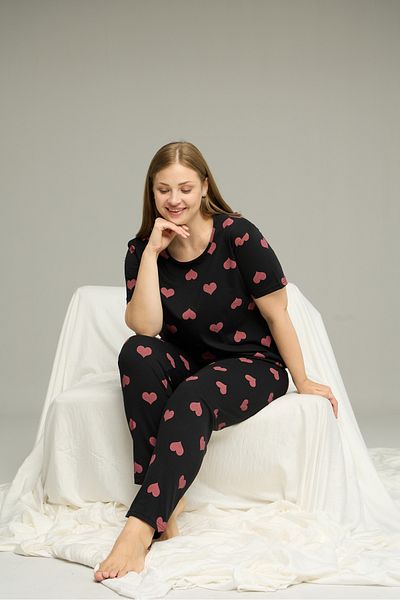 Siyah İnci Black Pink Heart Pattern Large Size Battal Short Sleeve Knitted Pajamas Suit 7614
