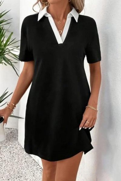 Mossta Collar Detailed Short Sleeve Mini Crepe Dress - Black