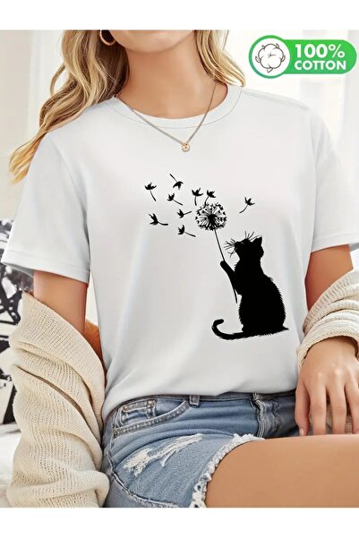 CLASİVA تي شيرت برقبة دائرية كبيرة الحجم للجنسين مطبوع عليه قطة