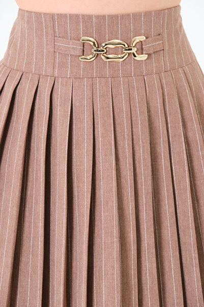 Sortie Collection Women's Pleated, Buckle, Striped Pattern, Hidden Zipper, Woven, Short Brown Skirt