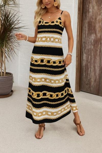 Mossta Patterned Thin Strap V-Neck Single Jersey Dress - Chain
