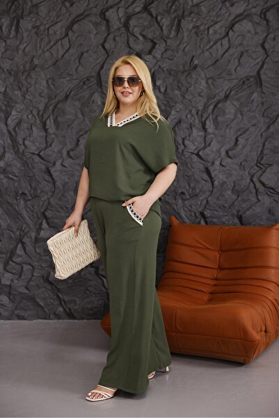 Siyezen Plus Size Collar Trousers Lace Detailed Ayrobin Fabric Suit