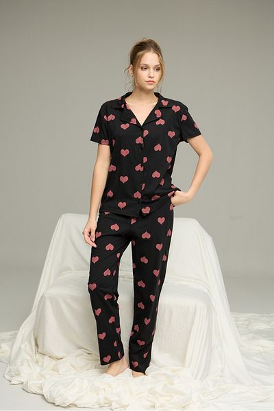 Siyah İnci Black Pink Heart Pattern Knitted Button Pajamas Suit 7610