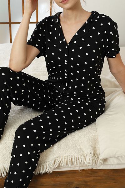 Siyah İnci Black and White Heart Pattern Button Viscose Knitted Pajamas Suit 7635
