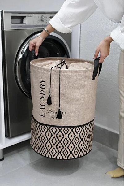 ALAS Bohe Beige Fabric Drawstring Folding Dirty Laundry Basket-Children's Toy Organizer Multi-Purpose 35X35X50Cm