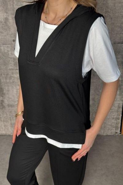 Mossta V-Neck Hooded Viscose Two Thread Blouse and Trousers Two Piece Set - Black
