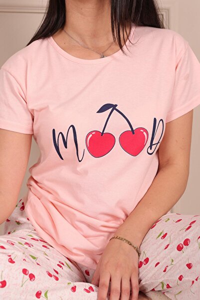 Niket Life Kadın Mood Sloganlı Vişne Desenli Kısa Kol Pijama Takımı Pudra