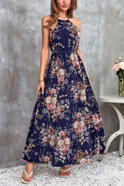Mossta Halter Neckline Slit Detailed Floral Patterned Single Jersey Dress - Navy Blue