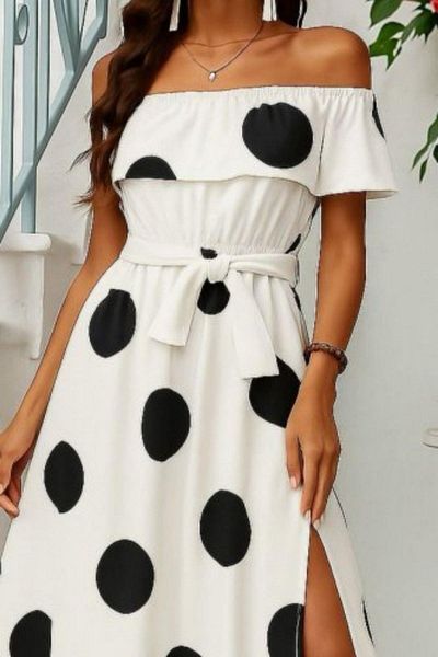Mossta Madonna Collar Slit Detailed Long Dress - Polka Dot